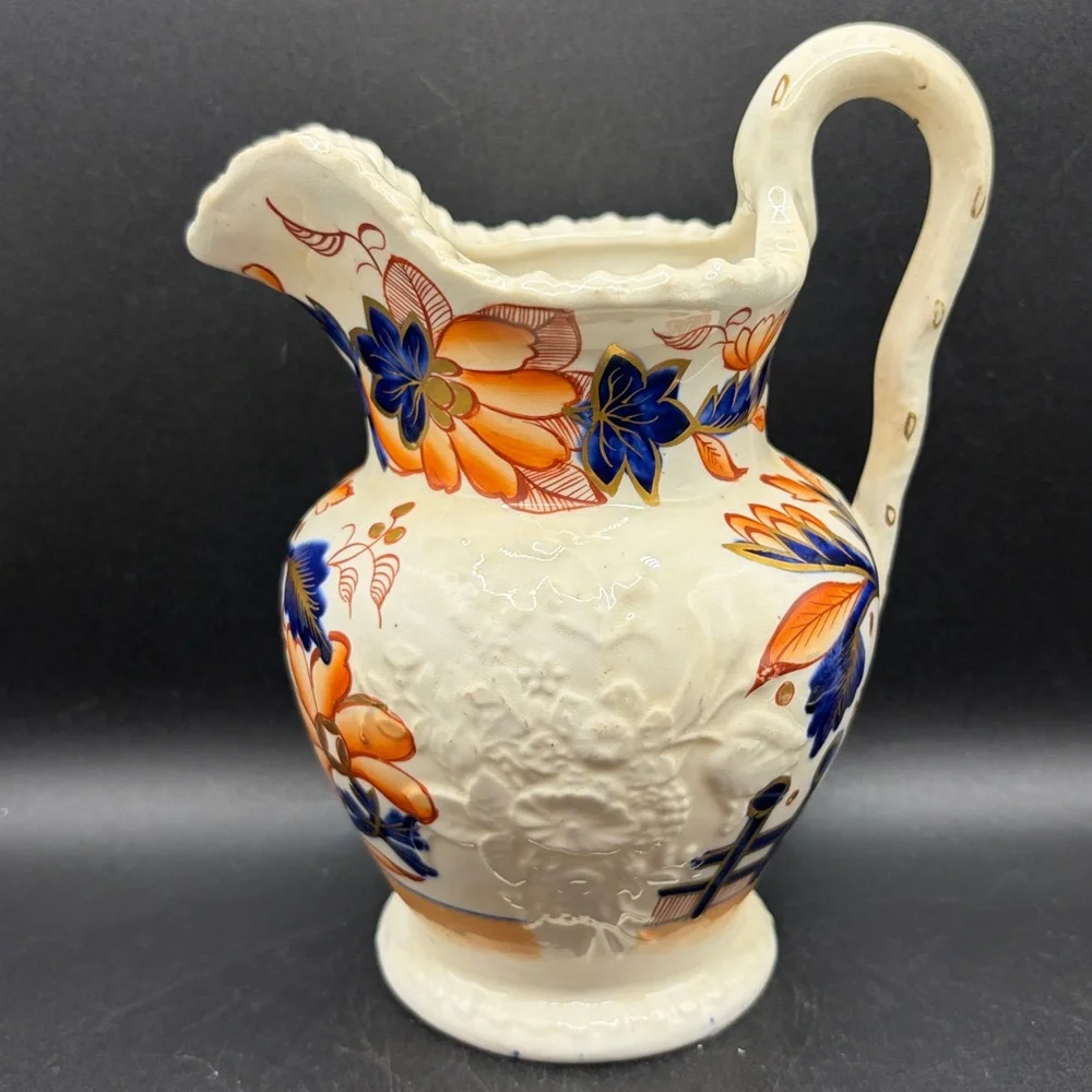 Antique Hand Painted Imari Imariware Ceramic Floral Flower Bouquet Pitcher Jug